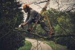 LA MOTOSIERRA PARA PODA A BATARIA EN PLENO TRABAJO PROFESIONAL
