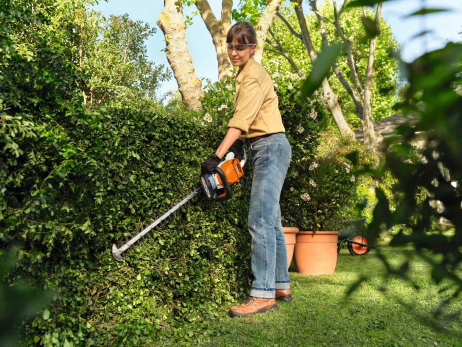 EVA TRABAJANDO CON EL HSA 60 DE STIHL - ESTA CORTANDO. EL SETO DE. LAENTRADA CON EL CORTASETOS A BATERIA AK Más POTENTE DE STIHL